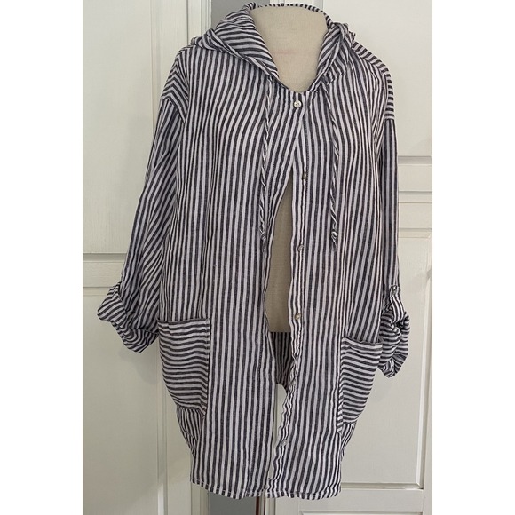 Tahari 100% Linen Hooded Jacket Blue/white Stripe 1x - Picture 1 of 12